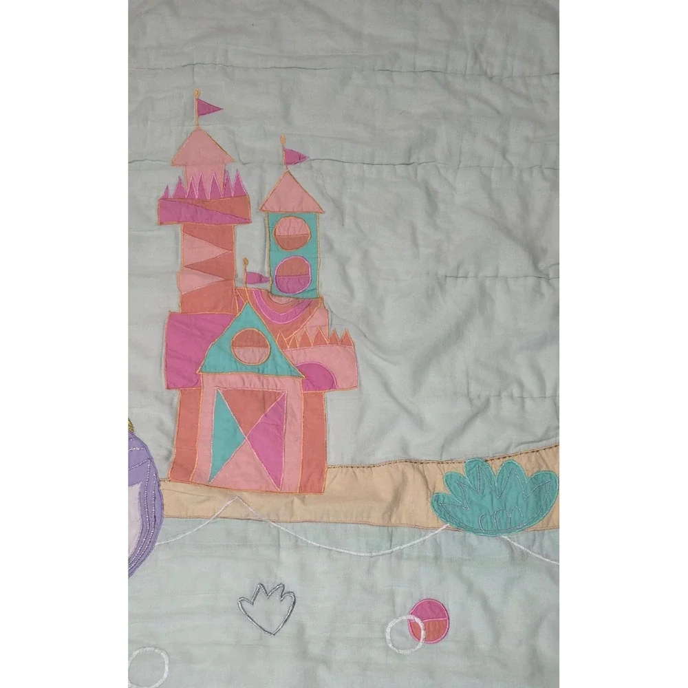 The Land of Nod Mermaid Mixer Quilt Twin Aqua Pink Castle Metallic Embroidery